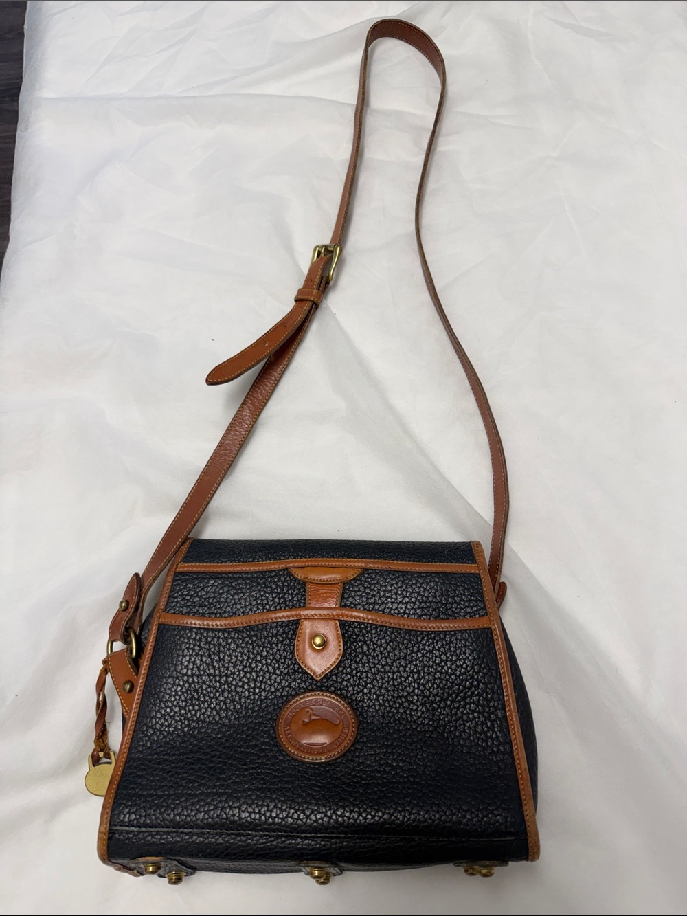 Dooney & Bourke Vintage Black Pebbled Leather Crossbody with Brown Trim - Picture 2 of 16